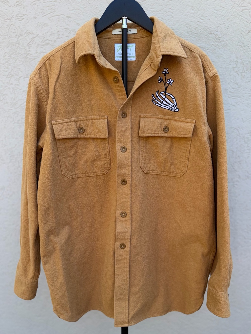 Drift Collective Upcycled Skeleton Hand Flower Camel Flannel Shirt L/XL Unisex